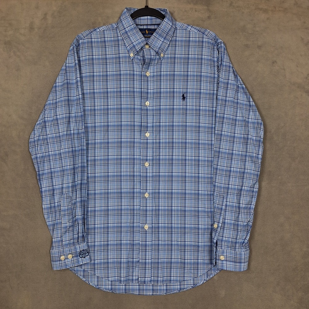 Ralph Lauren Performance Shirt Mens Medium Blue Plaid‎ Check L/S *LOGO ON CUFF*